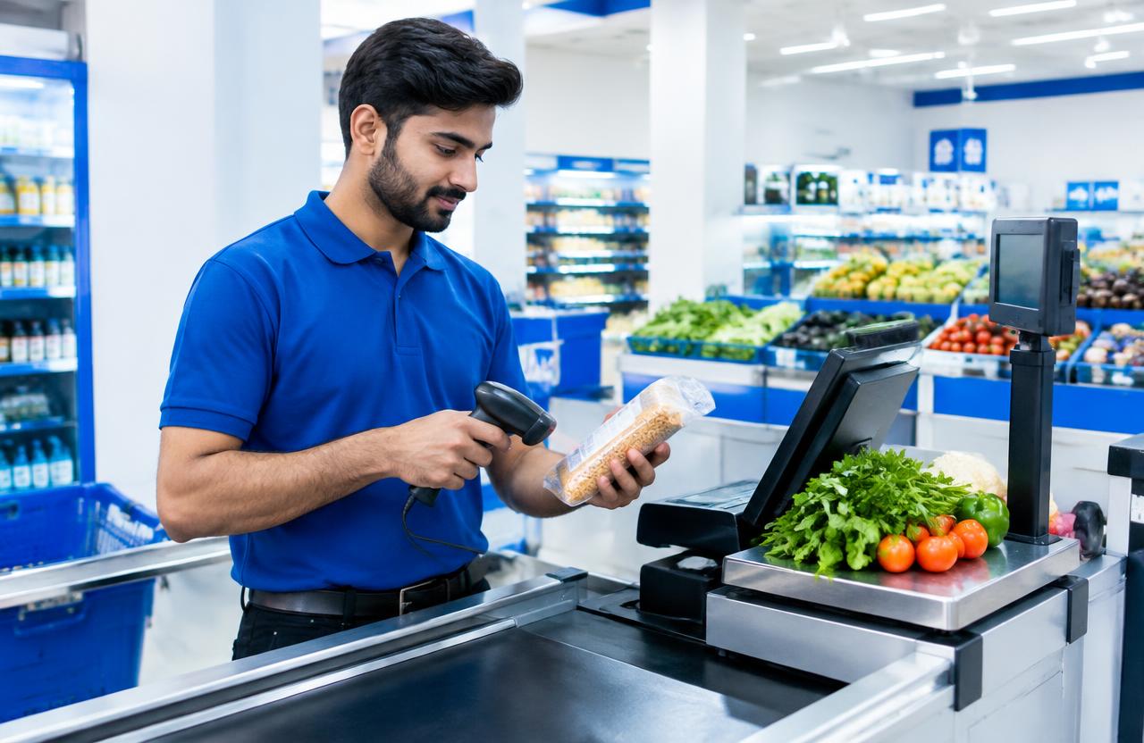 Cashier scanning a grocery item with a barcode scanner next to a weighing scale