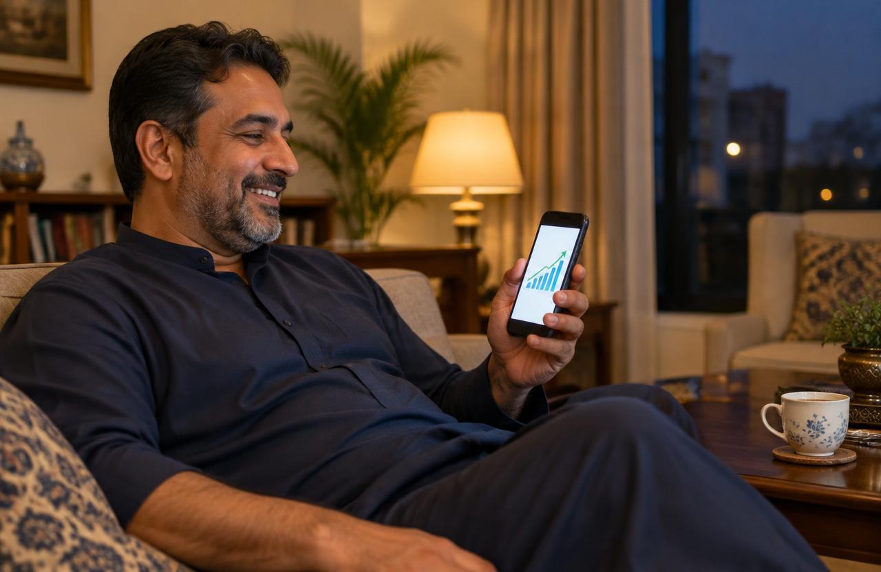Business owner relaxing at home smiling at a sales chart on his phone