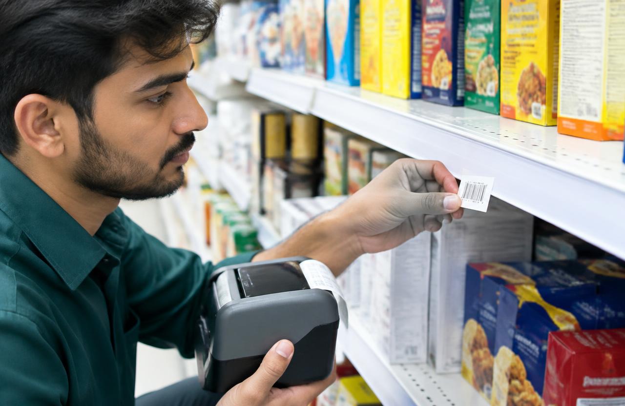 Store worker sticking a printed barcode label on a shelf