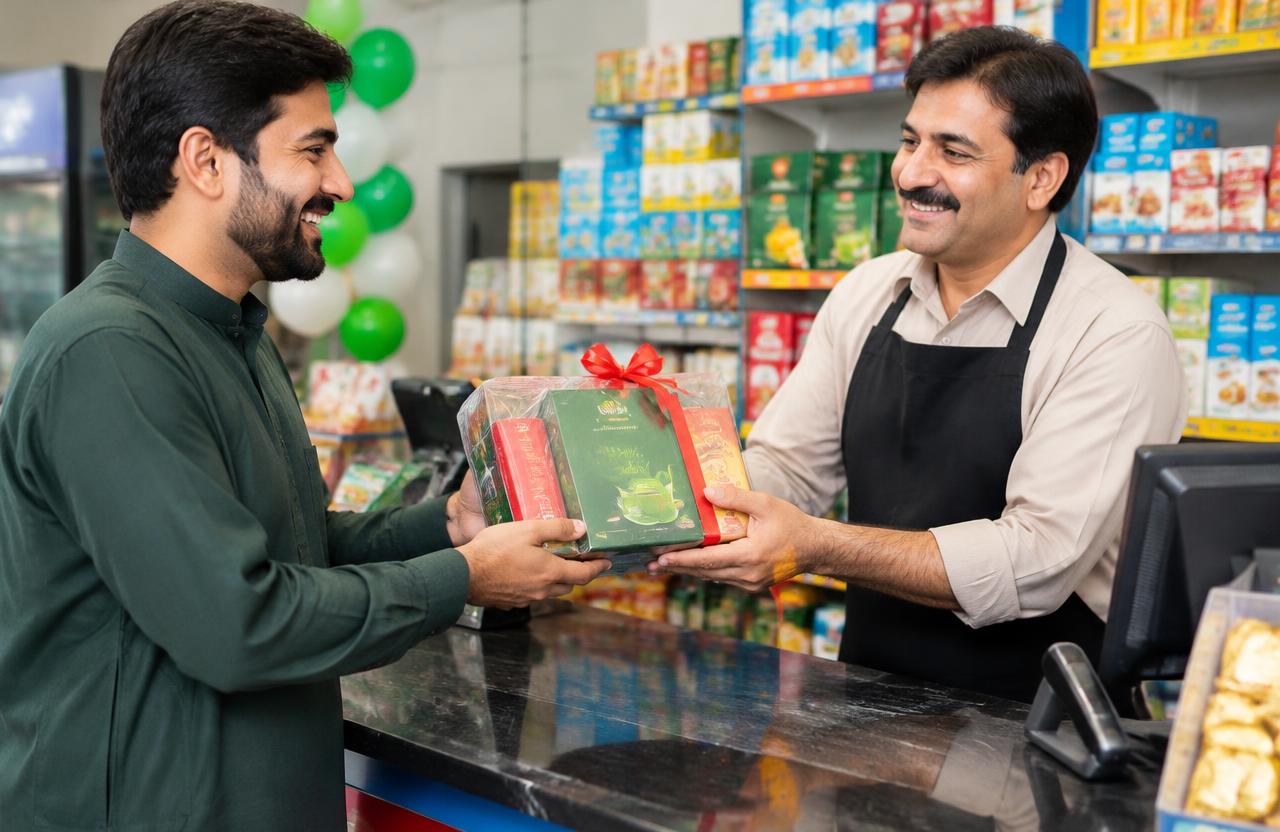 Shopkeeper giving a happy customer a free gift pack