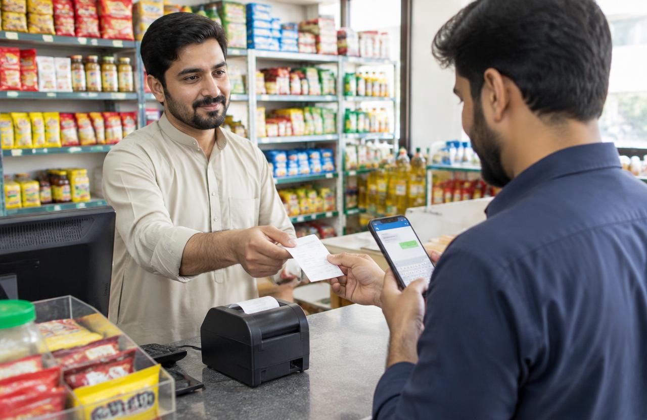 Shopkeeper handing a printed receipt while the customer reads it on his phone