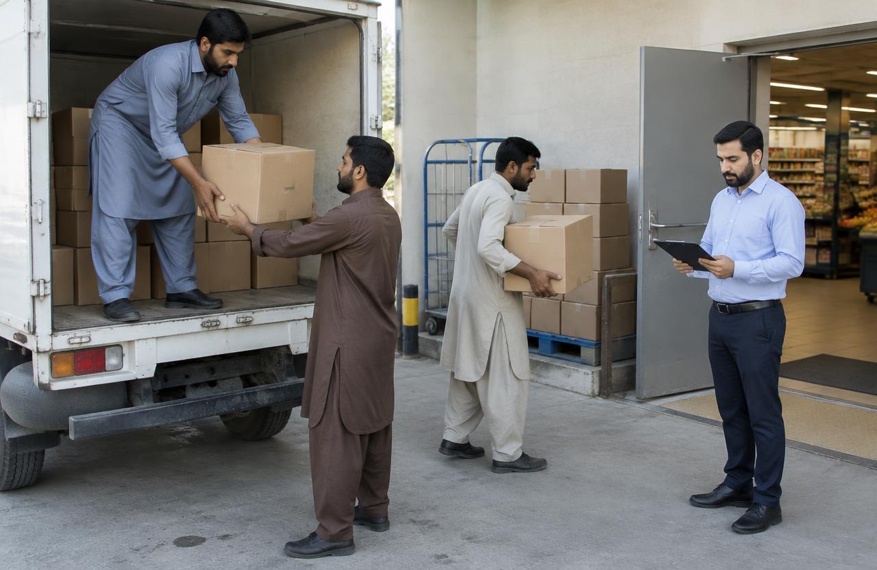 Workers unloading cartons from a delivery truck while a manager checks a tablet