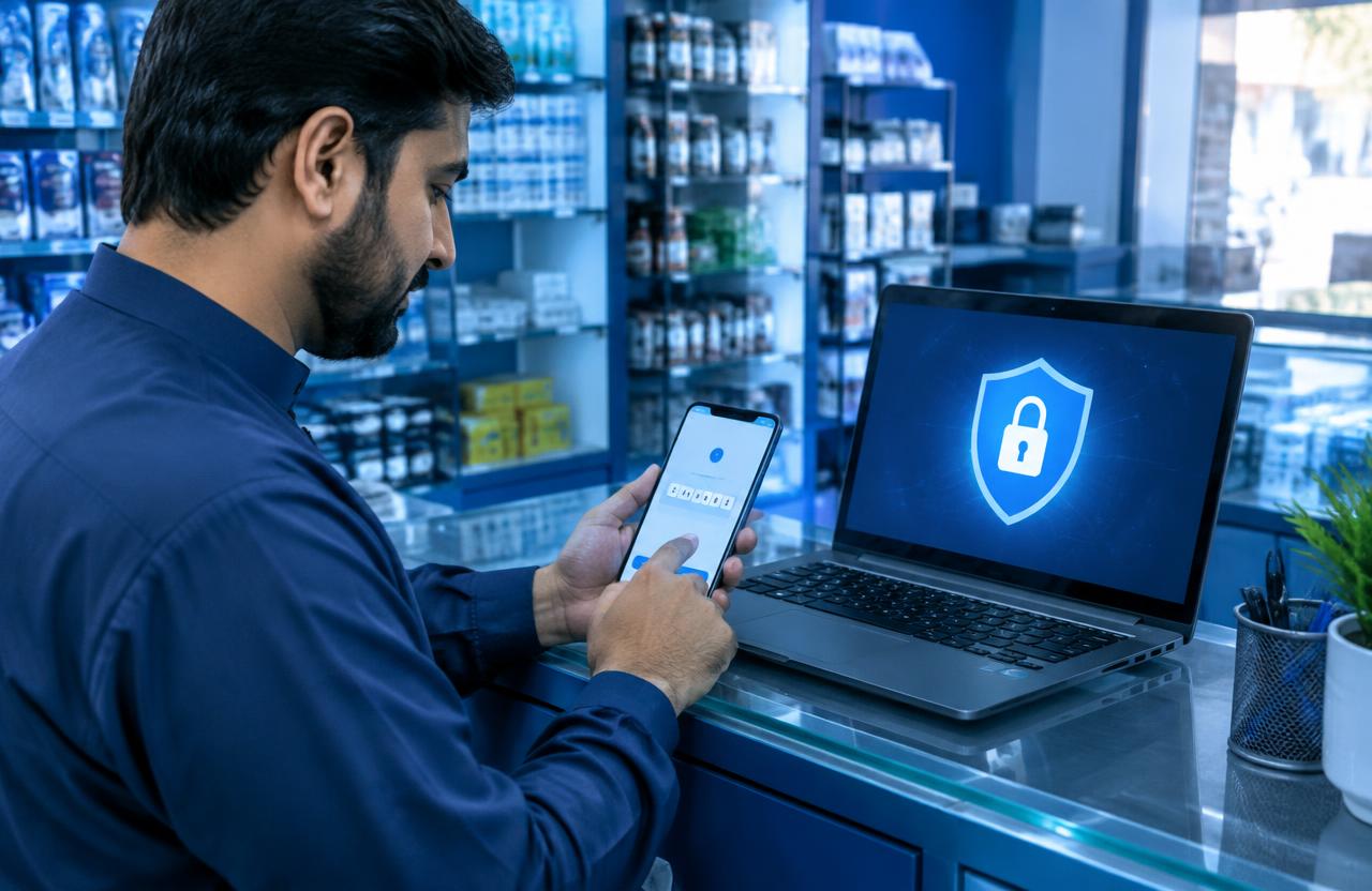 Shop owner entering a sign-in code on his phone beside a laptop showing a lock