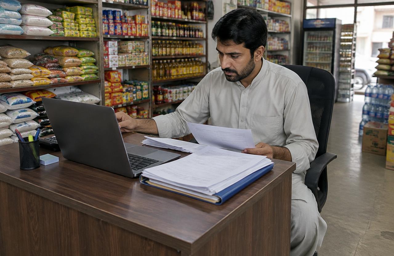 Shop owner reviewing supplier bills on a laptop at his desk