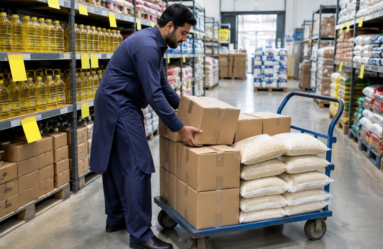 Buyer loading cartons of oil and rice onto a trolley in a wholesale store