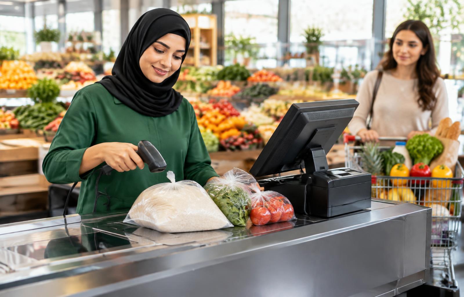Cashier scanning groceries at a bright supermarket checkout counter