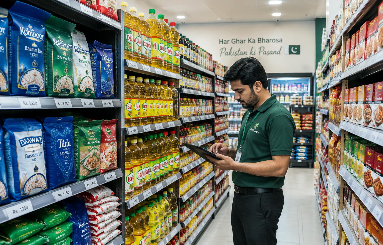Store employee checking well-stocked grocery shelves with a tablet