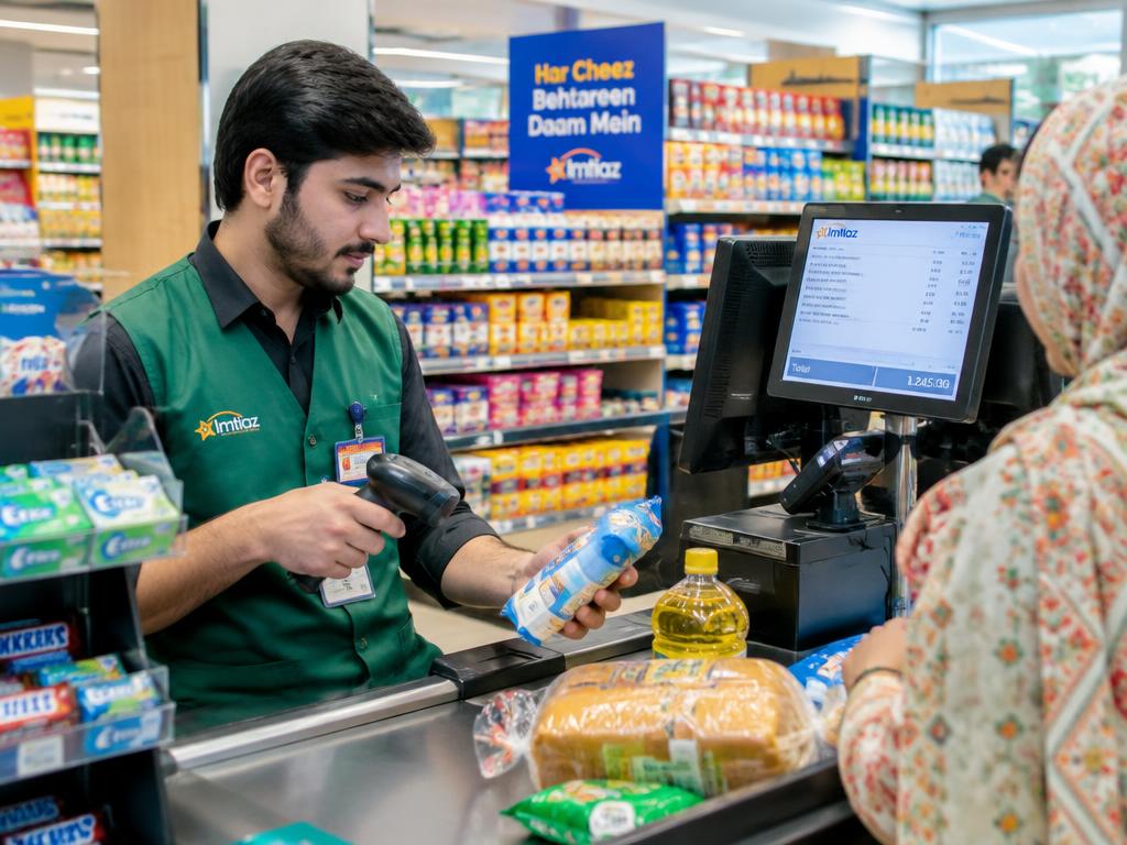 Cashier scanning groceries at a supermarket checkout in Pakistan