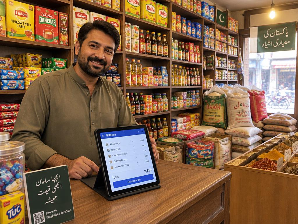 Kiryana store keeper billing on a tablet with shelves of groceries behind