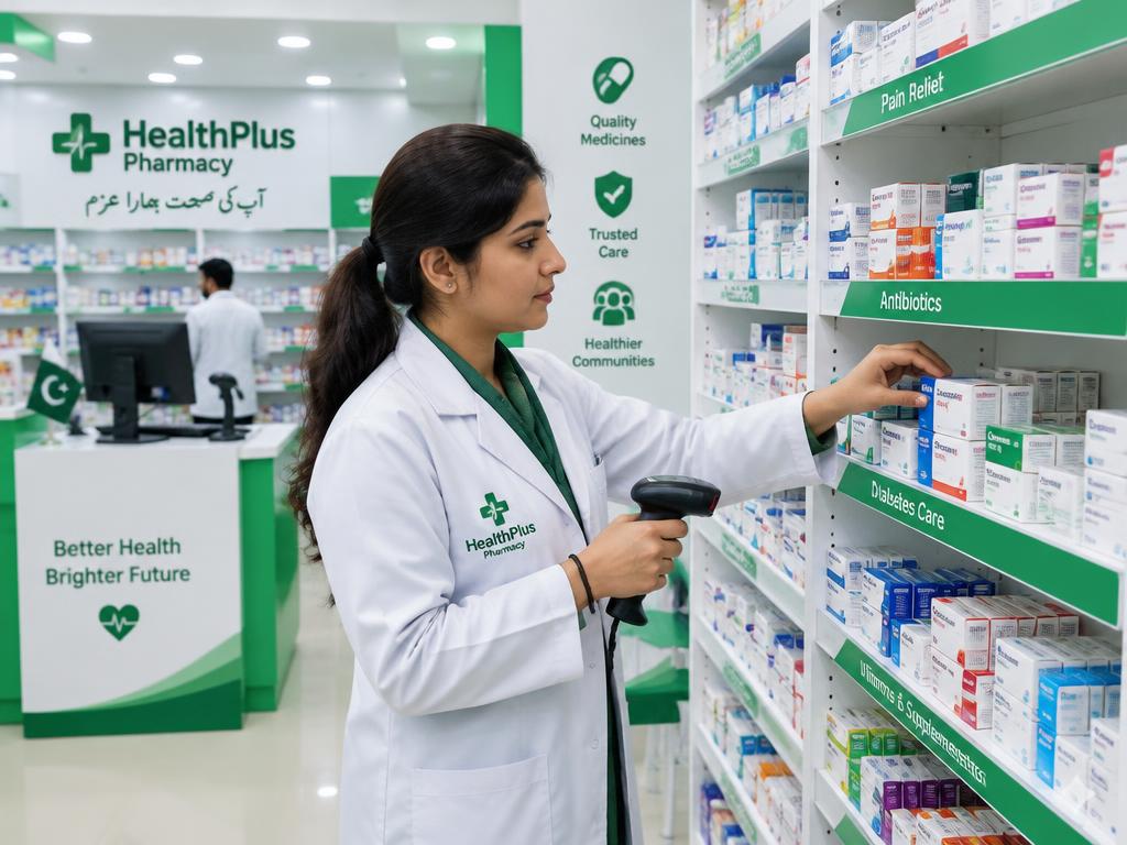 Pharmacist scanning medicine boxes on organized shelves